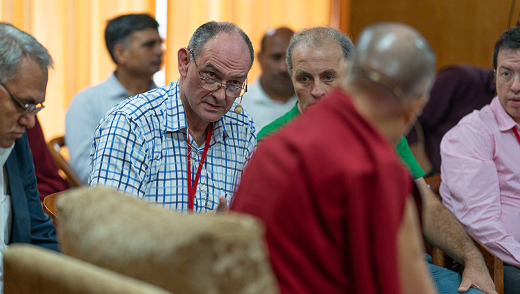 Moderator Scott Webster summmarizing the previous sessions of the conference on Human Education in the Third Millennium to His Holiness the Dalai Lama and observers at His Holiness's residence in Dharamsala, HP, India on July 8, 2019. Photo by Tenzin Choejor