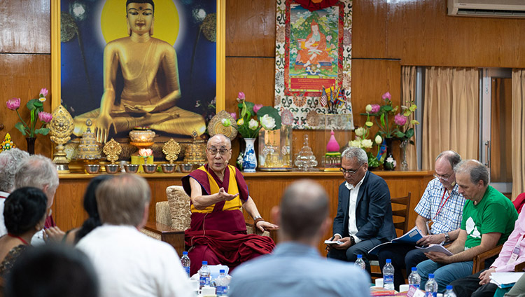 His Holiness the Dalai Lama speaking to participants of the conference on Human Education in the Third Millennium at his residence in Dharamsala, HP, India on July 8, 2019. Photo by Tenzin Choejor