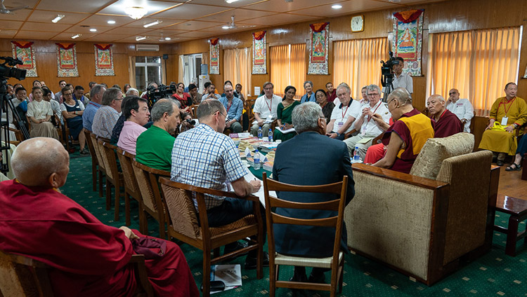 His Holiness the Dalai Lama speaking to educators participating in the conference on Human Education in the Third Millennium duing their meeting at his residence in Dharamsala, HP, India on July 8, 2019.