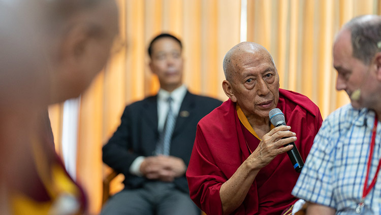 Ven Samdhong Rinpoche talking about the upcoming teacher training course in conjunction with Dharamsala College during the meeting with participants to the conference on Human Education in the Third Millennium at His Holiness the Dalai Lama's residence in Dharamsala, HP, India on July 8, 2019. Photo by Tenzin Choejor