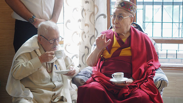 His Holiness the Dalai Lama stopping to join an old friend for tea at his house in Mandi on his way to Manali, HP, India on August 10, 2019. Photo by Jeremy Russell