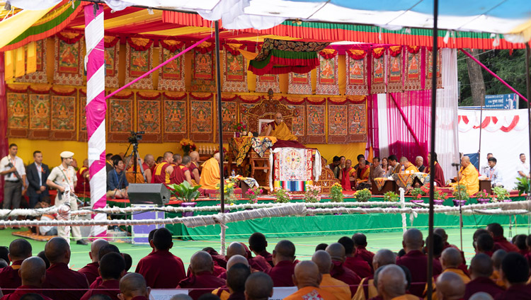 A view of the stage on the first day of His Holiness the Dalai Lama's teachings in Manali, HP, India on August 13, 2019. Photo by Tenzin Choejor