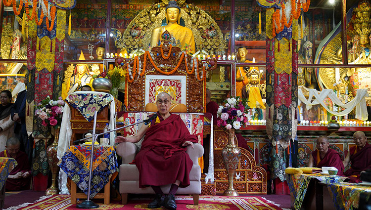 His Holiness the Dalai Lama speaking at Ön Ngari Monastery during ceremonies to mark his arrival in Manali, HP, India on August 10, 2019. Photo by Lobsang Tsering