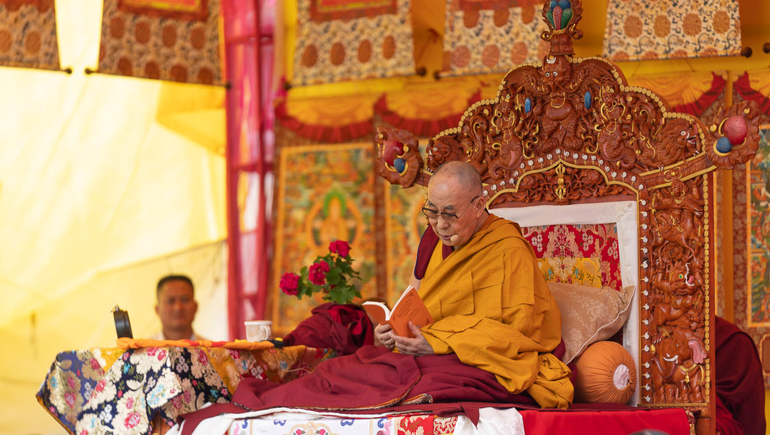 His Holiness the Dalai Lama talking about the texts he will cover during his teachings in Manali, HP, India on August 13, 2019. Photo by Tenzin Choejor