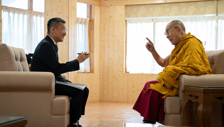 His Holiness the Dalai Lama being interviewed by Hakka Television of Taiwan at Ön Ngari Monastery in Manali, HP, India on August 14, 2019. Photo by Tenzin Choejor