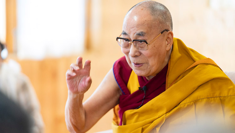 His Holiness the Dalai Lama responding to a question during his interview for Hakka Television of Taiwan at Ön Ngari Monastery in Manali, HP, India on August 14, 2019. Photo by Tenzin Choejor