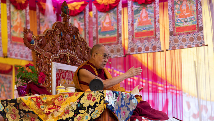 His Holiness the Dalai Lama speaking on the second day of his teachings in Manali, HP, India on August 14, 2019. Photo by Tenzin Choejor