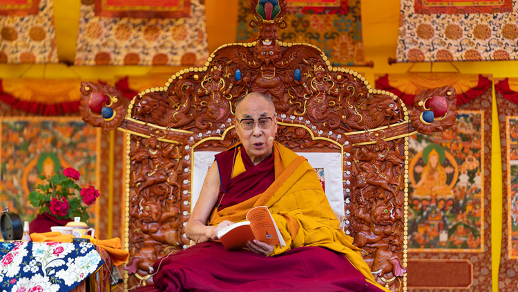 His Holiness the Dalai Lama explaing Nagarjuna's "Commentary on the Awakening Mind" on the second day of his teachings in Manali, HP, India on August 14, 2019. Photo by Tenzin Choejor