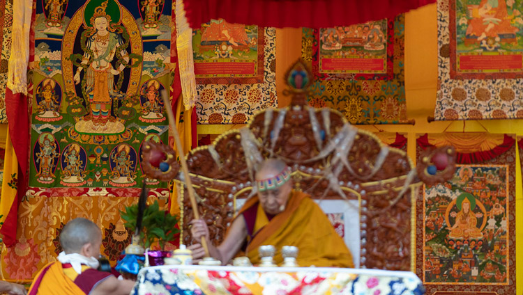 His Holiness the Dalai Lama performing preparatory rituals for the Empowerment of Mahakarunika Lokeshvara in Manali, HP, India on August 17, 2019. Photo by Tenzin Choejor