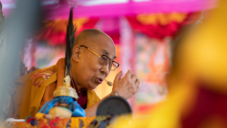 His Holiness the Dalai Lama giving an introductory talk before the actual Empowerment of Mahakarunika Lokeshvara in Manali, HP, India on August 17, 2019. Photo by Tenzin Choejor
