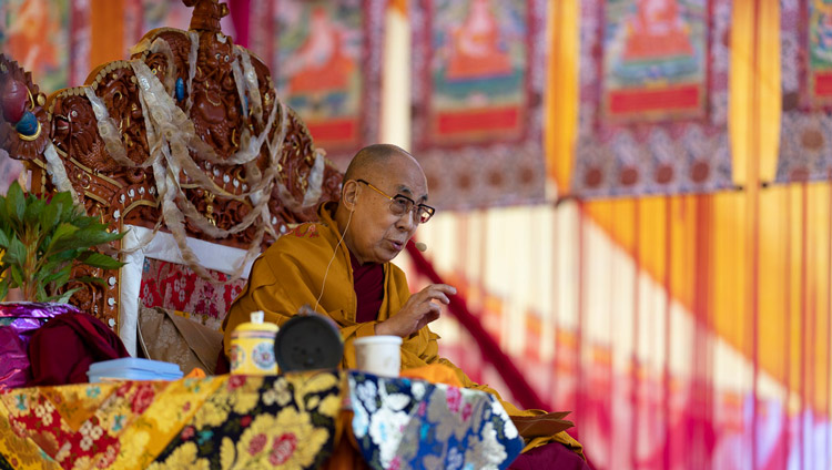 His Holiness the Dalai Lama addressing the audience on the final day of his teachings in Manali, HP, India on August 18, 2019. Photo by Tenzin Choejor