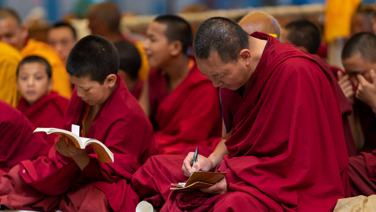 Monks in the audience following the text on the final day of His Holiness the Dalai Lama's teachings in Manali, HP, India on August 18, 2019. Photo by Tenzin Choejor