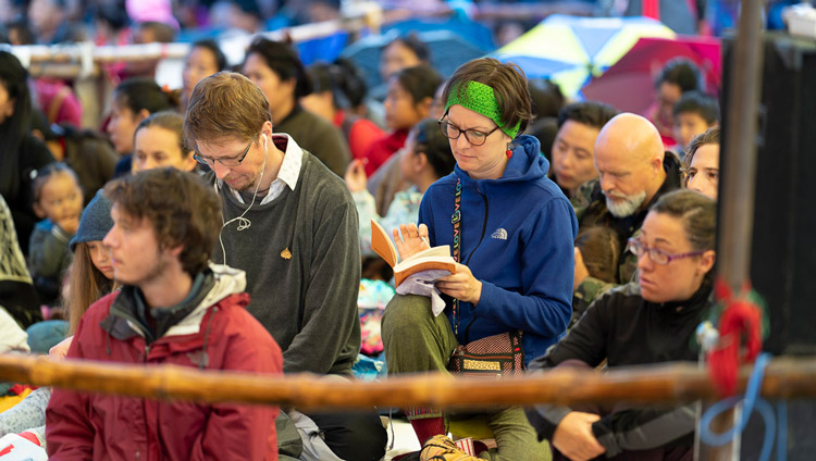 Members of the audience from foreign countries listening to His Holiness the Dalai Lama on the final day of his teachings in Manali, HP, India on August 18, 2019. Photo by Tenzin Choejor