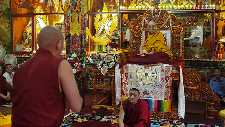Monks debating in front of His Holiness the Dalai Lama during his visit to Ön Ngari Monastery in Manali, HP, India on August 23, 2019. Photo by Jeremy Russell