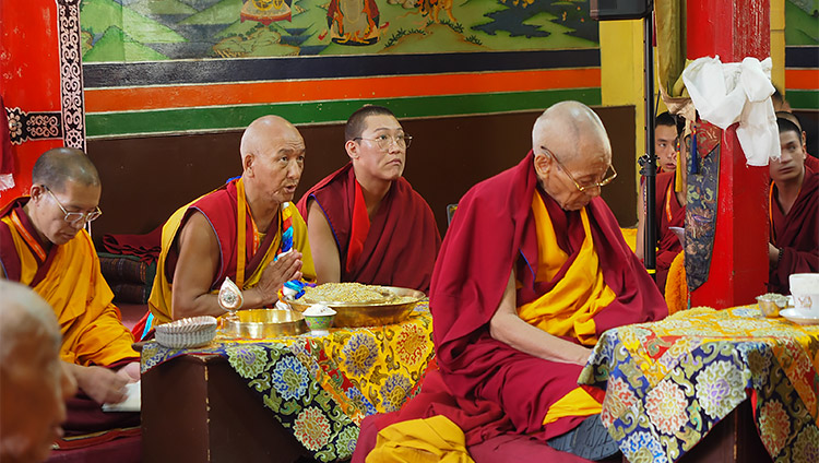 Senior monks listening to His Holiness the Dalai Lama speaking during his visit to Ön Ngari Monastery in Manali, HP, India on August 23, 2019. Photo by Jeremy Russell