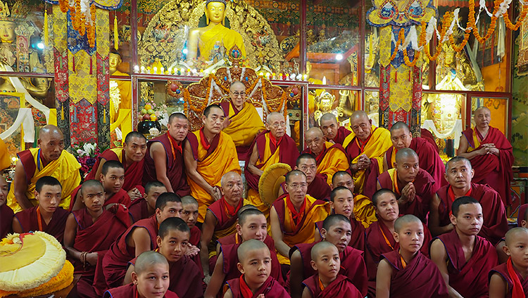 His Holiness the Dalai Lama posing with monks from the monastery during his visit to Ön Ngari Monastery in Manali, HP, India on August 23, 2019. Photo by Jeremy Russell