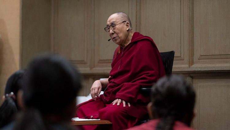 His Holiness the Dalai Lama speaking to Tibetan students during their meeting in Mangaluru, Karnataka, India on August 30, 2019. Photo by Tenzin Choejor