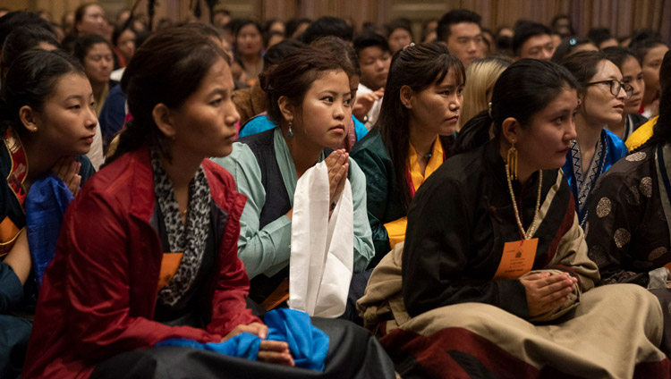 Members of the audience listening to His Holiness the Dalai Lama during his meeting with Tibetan students in Mangaluru, Karnataka, India on August 30, 2019. Photo by Tenzin Choejor