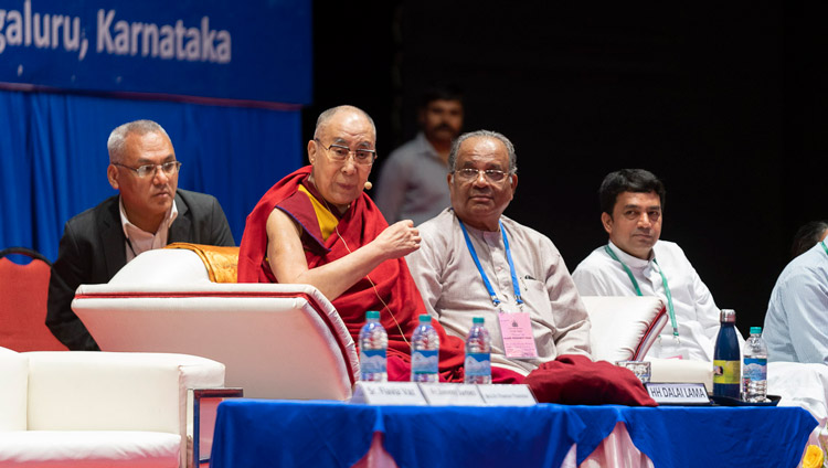 His Holiness the Dalai Lama addressing the morning session of the 52nd National Convention of the All India Association of Catholic Schools in Mangaluru, Karnataka, India on August 30, 2019. Photo by Tenzin Choejor