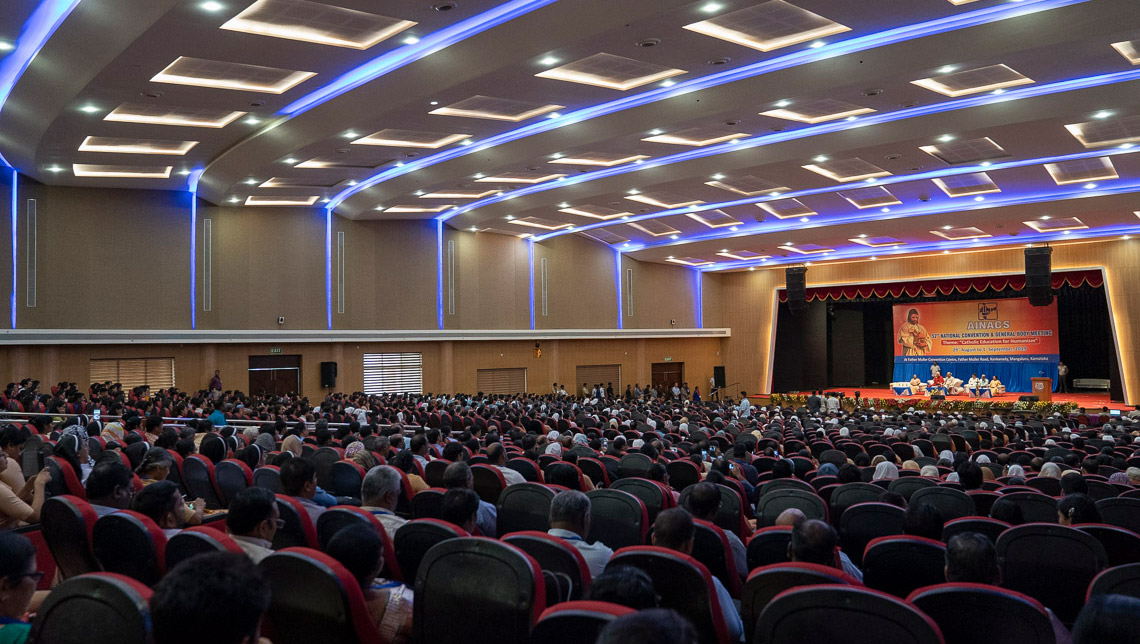 A view of the hall at the Father Muller Convention Centre as His Holiness the Dalai Lama speaks at the 52nd National Convention of the All India Association of Catholic Schools in Mangaluru, Karnataka, India on August 30, 2019. Photo by Tenzin Choejor