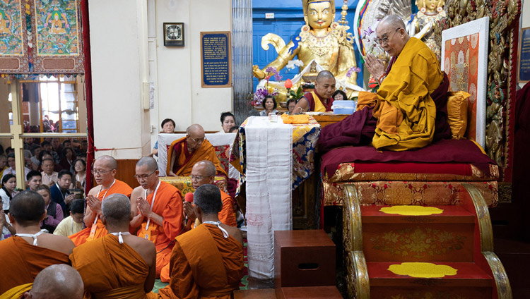 Thai monks chanting a homage to the Buddha in Pali at the start of the first day of His Holiness the Dalai Lama's teachings at the Main Tibetan Temple in Dharamsala, HP, India on September 4, 2019. Photo by Tenzin Choejor