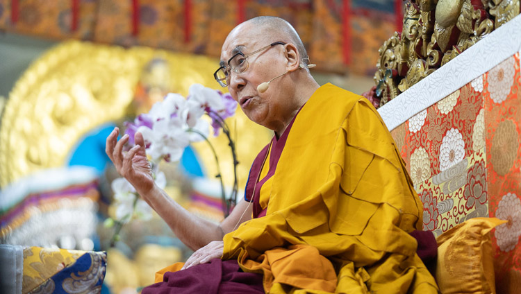 His Holiness the Dalai Lama addressing the gathering on the first day of his teachings at the Main Tibetan Temple in Dharamsala, HP, India on September 4, 2019. Photo by Tenzin Choejor