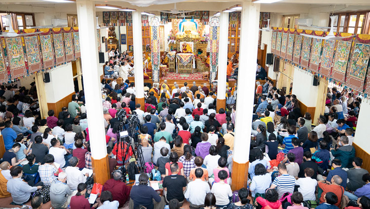 A view of inside the Main Tibetan Temple on the first day of His Holiness the Dalai Lama's teachings in Dharamsala, HP, India on September 4, 2019. Photo by Tenzin Choejor