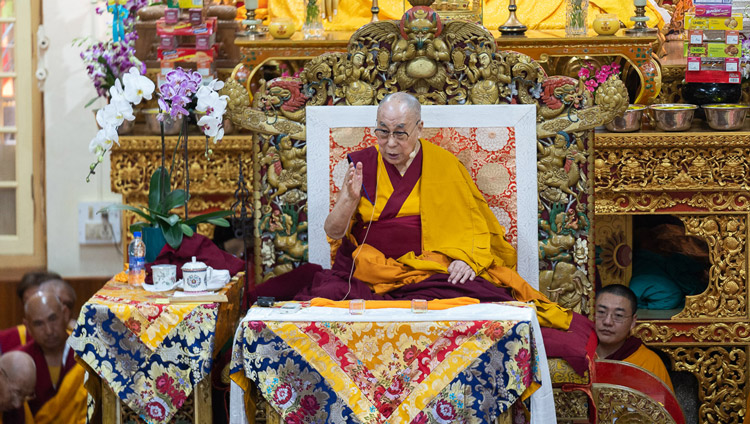 His Holiness the Dalai Lama speaking on the first day of his teachings at the Main Tibetan Temple in Dharamsala, HP, India on September 4, 2019. Photo by Tenzin Choejor