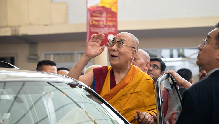 His Holiness the Dalai Lama waving to the crowd as he prepares to depart for his residence at the conclusion of the first day of his teachings at the Main Tibetan Temple in Dharamsala, HP, India on September 4, 2019. Photo by Tenzin Choejor