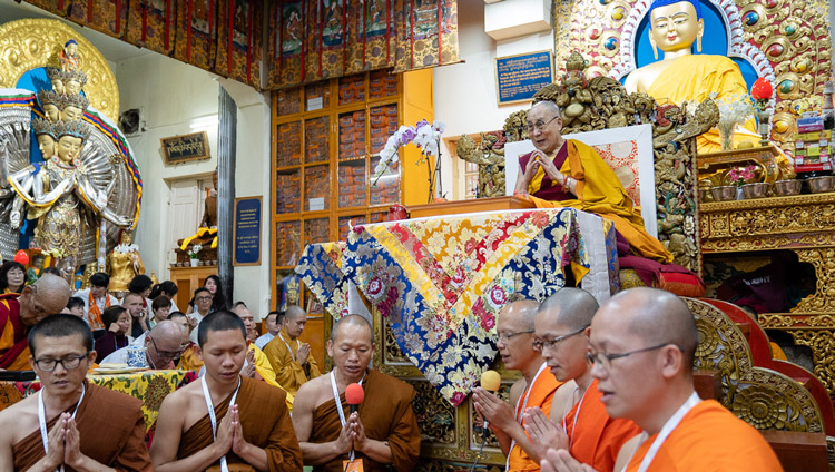 Thai monks reciting the ‘Mangala Sutta’ in Pali at the start of the second day of His Holiness the Dalai Lama's teachings at the Main Tibetan Temple in Dharamsala, HP, India on September 5, 2019. Photo by Tenzin Choejor