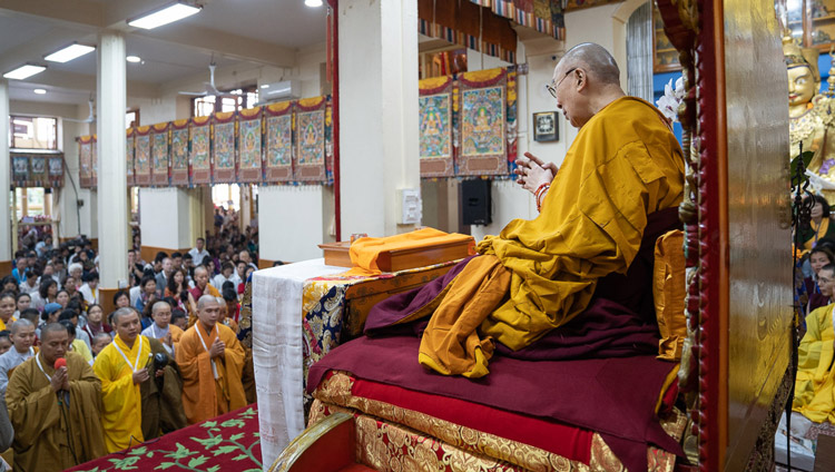 His Holiness looks on as the ‘Heart Sutra’ is chanted in Vietnamese at the start of the second day of his teacings at the Main Tibetan Temple in Dharamsala, HP, India on September 5, 2019. Photo by Tenzin Choejor