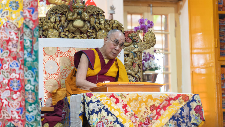 His Holiness the Dalai Lama speaking on the second day of his teachings at the request of groups from Asia at the Main Tibetan Temple in Dharamsala, HP, India on September 5, 2019. Photo by Tenzin Choejor