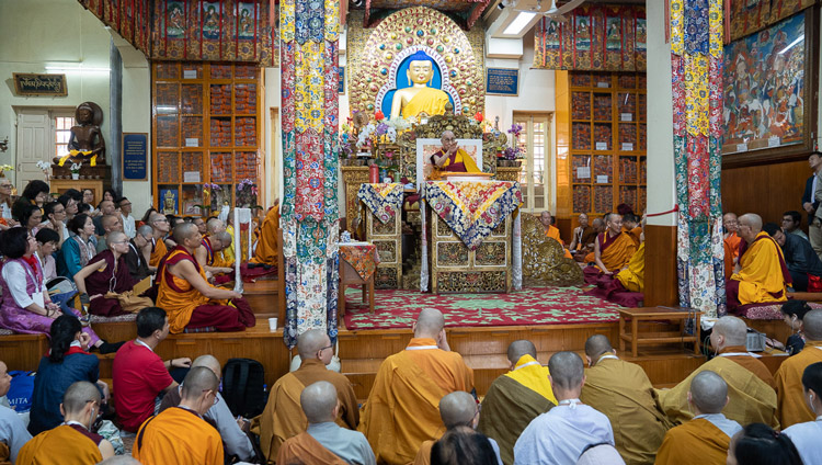 A view inside the Main Tibetan Temple on the second day of His Holiness the Dalai Lama's teachings at the request of groups from Asia at the Main Tibetan Temple in Dharamsala, HP, India on September 5, 2019. Photo by Tenzin Choejor