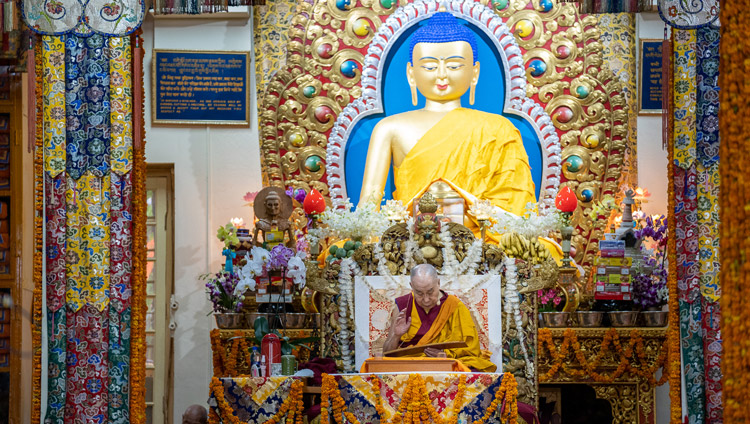 His Holiness the Dalai Lama reading from the text on the third day of his teachings at the Main Tibetan Temple in Dharamsala, HP, India on September 6, 2019. Photo by Matteo Passigato