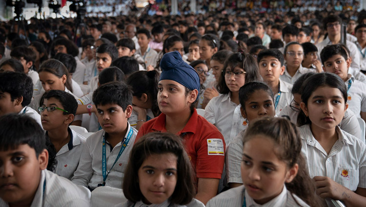 Some of the 2400 students from 84 shcools listening to His Holiness the Dalai Lama during his talk at Shri Ram School in New Delhi, India on September 20, 2019. Photo by Tenzin Choejor