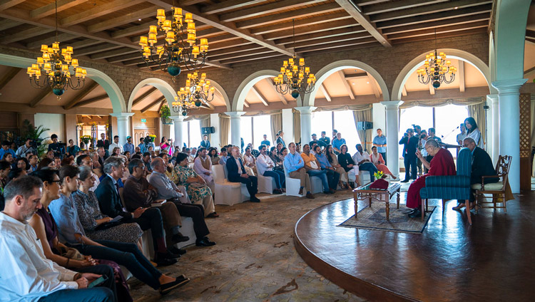 His Holiness the Dalai Lama answering questions from the audience during his meeting with intellectuals, academics and diplomats at the Taj Hotel in New Delhi, India on September 21, 2019. Photo by Tenzin Choejor