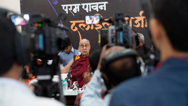 His Holiness the Dalai Lama answering questions from journalists in the auditorium at Sri Udasin Karshni Ashram in Mathura, UP, India on September 23, 2019. Photo by Tenzin Choejor