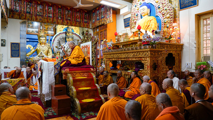 His Holiness the Dalai Lama addressing the gathering on the first day of his teachings at the Main Tibetan Temple in Dharamsala, HP, India on October 3, 2019. Photo by Ven Tenzin Jamphel