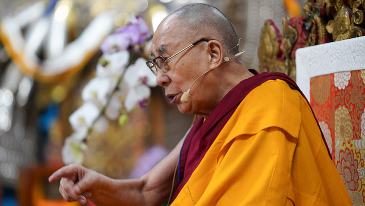 His Holiness the Dalai Lama speaking on the first day of his teachings at the Main Tibetan Temple in Dharamsala, HP, India on October 3, 2019. Photo by Ven Tenzin Jamphel