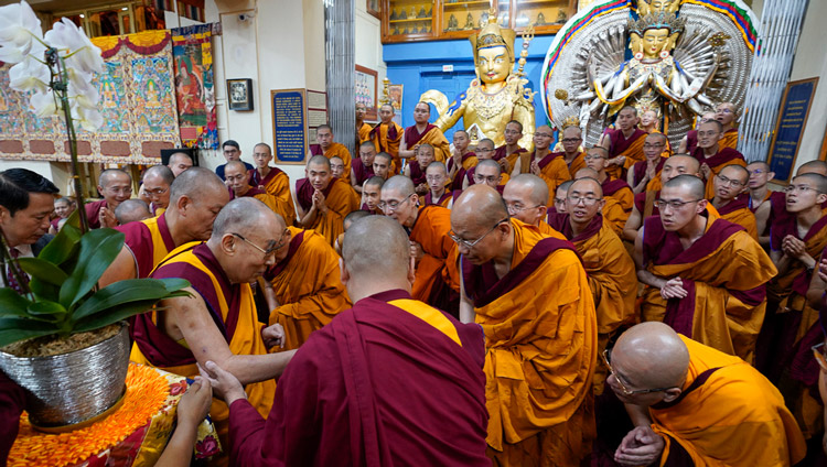 His Holiness the Dalai Lama greeting monks from Taiwan as he arrives for the second day of teachings at the Main Tibetan Temple in Dharamsala, HP, India on October 4, 2019. Photo by Ven Tenzin Jamphel