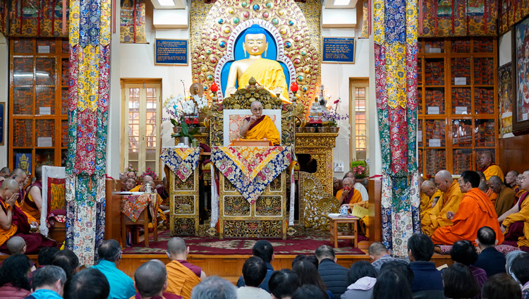 His Holiness the Dalai Lama addressing the gathering on the second day of teachings requested by a group from Taiwan at the Main Tibetan Temple in Dharamsala, HP, India on October 4, 2019. Photo by Ven Tenzin Jamphel