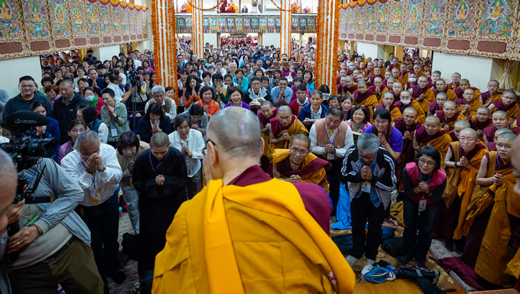 His Holiness the Dalai Lama arriving inside the Main Tibetan Temple on the final day of his three day teaching given at the request of a group from Taiwan in Dharamsala, HP, India on October 5, 2019. Photo by Ven Tenzin Jamphel