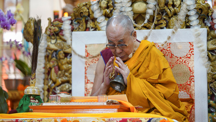 His Holiness the Dalai Lama completing preparatory procedures for the Mahamayuri permission to be given at te end of the final day of teachings at the Main Tibetan Temple in Dharamsala, HP, India on October 5, 2019. Photo by Ven Tenzin Jamphel