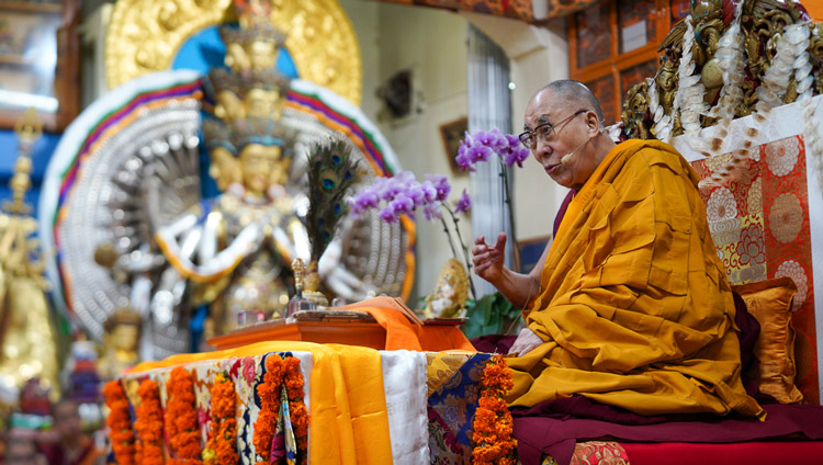 His Holiness the Dalai Lama addressing the gathering on the final day of teachings at the Main Tibetan Temple in Dharamsala, HP, India on October 5, 2019. Photo by Ven Tenzin Jamphel