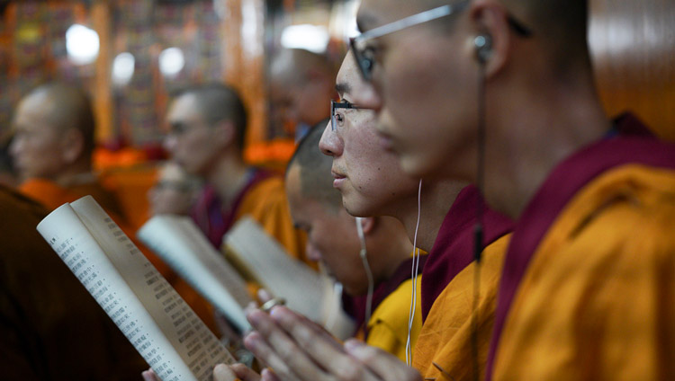 Monks from Taiwan foolowing the text on the final day of His Holiness the Dalai Lama's teachings at the request of a group from Taiwan at the Main Tibetan Temple in Dharamsala, HP, India on October 5, 2019. Photo by Ven Tenzin Jamphel