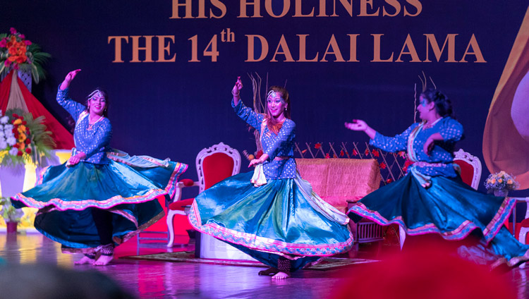 Young Indian women performing traditional dance at the start of the Inauguration of Chitkara University’s 11th Global Week in Chandigarh, India on October 14, 2019. Photo by Tenzin Choejor