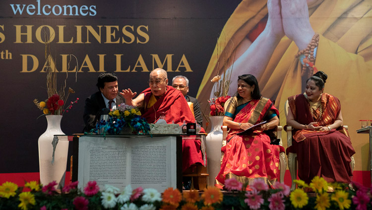 His Holiness the Dalai Lama speaking at the inauguration of Chitkara University’s 11th Global Week in Chandigarh, India on October 14, 2019. Photo by Tenzin Choejor