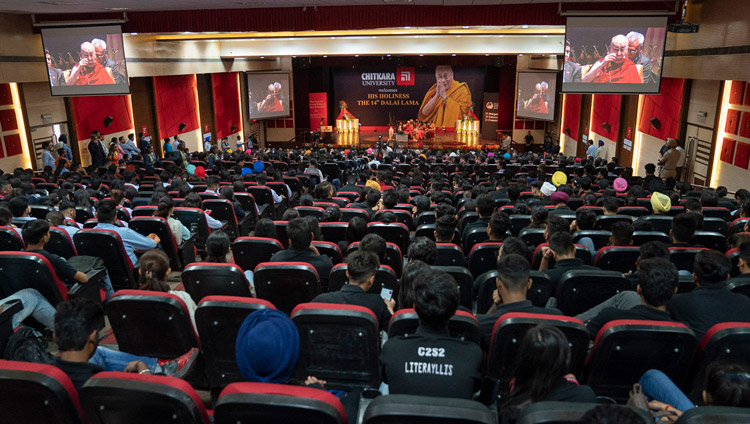 A view of the auditorium during the His Holiness the Dalai Lama's talk on "The Need for Universal Ethics in Education" at the inauguration of Chitkara University’s 11th Global Week in Chandigarh, India on October 14, 2019. Photo by Tenzin Choejor