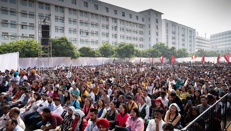Many of the more than 4,000 people, mostly students, listening to His Holiness the Dalai Lama at Chandigarh University in Chandigarh, India on October 15, 2019. Photo by Tenzin Choejor