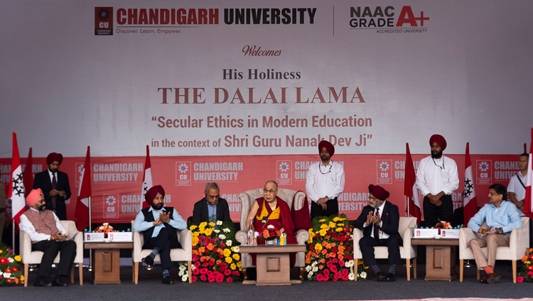 His Holiness the Dalai Lama speaking on "Secular Ethics in Modern Education in the context of Shri Guru Nanak Dev Ji" at Chandigarh University in Chandigarh, India on October 15, 2019. Photo by Tenzin Choejor